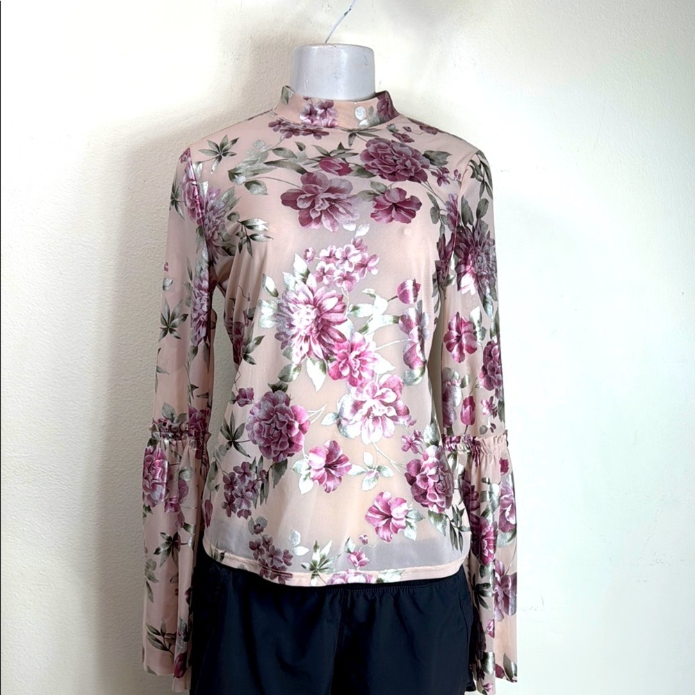 (A5) Mumu Pink Floral Print High Neck Fitted Blouse, Mesh, Size S,with Bow